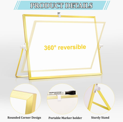 Magnetic Dry Erase White Board, 16" x 12" Double-Sided with Golden Aluminum Frame, Portable Small Set