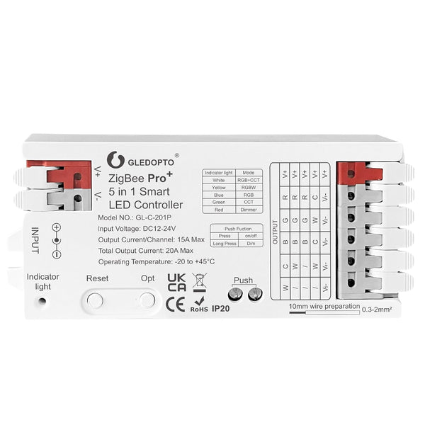 GLEDOPTO ZigBee3.0 Pro+ 5 in 1 LED Controller 20A Max RGBCCT/RGBW/RGB/CCT/Dimmer Compatible
