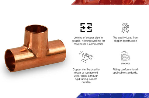 Everflow Supplies CCTE0125 C X C X C Tee Fitting with Solder Cups for Copper Pipe, 1-1/4"