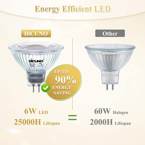 DiCUNO MR16 LED Bulb Dimmable, 60W Equivalent, 4000K Natural White, GU5.3 Base, 6W, 40 Degree Beam Angle, 6 Pack