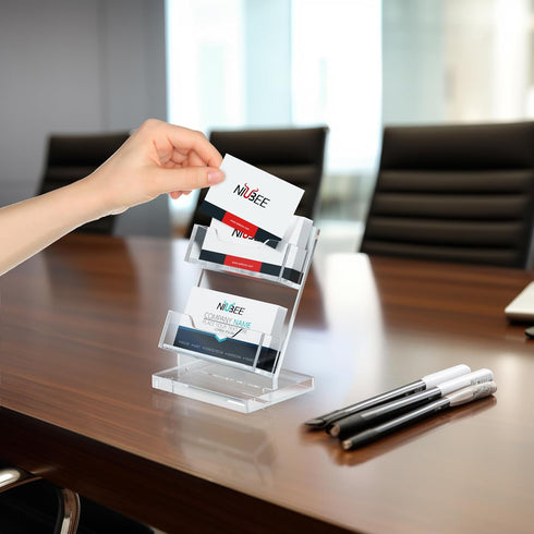 NIUBEE Acrylic Business Card Holder, 2 Tier Clear Stand for Office Exhibition, 130 Cards Capacity