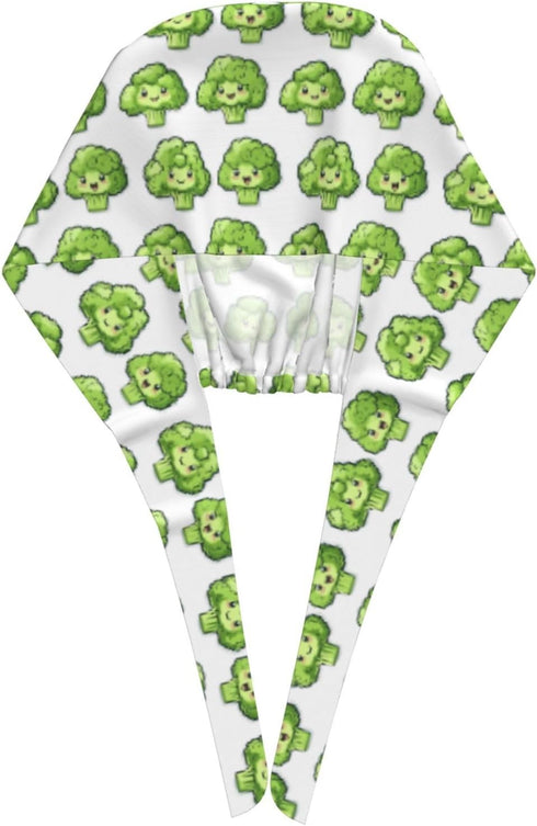 Nurse Scrub Cap Men Women with Buttons - Cute Broccoli Green Print Soft Comfy Surgical Cap, Adjustable Tie Back Scrub