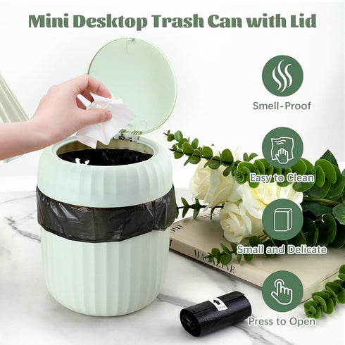 HOSTK 2 5 Countertop Pcs Mini Desktop Trash Can with Rolls of Trash Bags, Waste Can with Press Type Lid, Tiny Garbage