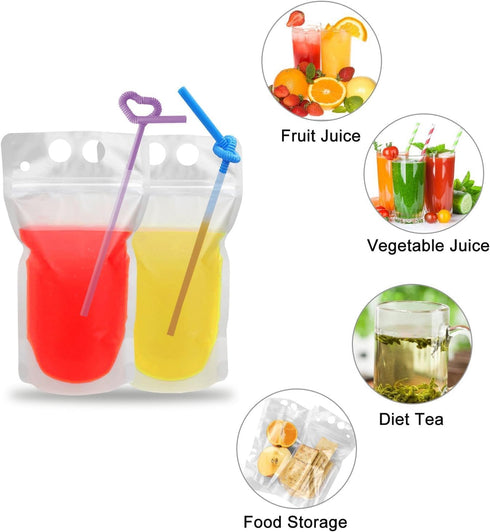 100 Sets Pcs Drink Pouches with Straws, Freezable Drink Bags Juice Pouches for Adults and Kids, Reclosable Zipper
