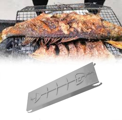 Stainless steel flame salmon holder for fire bowls and kettle barbecues, offering adjustable tilt angles and dishwasher