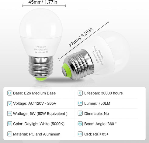 6W E26 Small Globe LED Bulb 60W Equivalent G45/A15 E26 Standard Screw Base 120V-265V Frosted Daylight White 750LM Waterproof for Fridge Light Pendant Vanity Mirror Home Lighting Non-Dimmable (2 Pack) by BROLSKUN