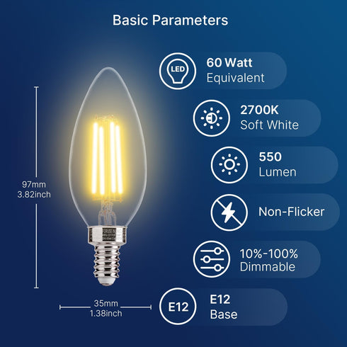 60W Bulbs, Dimmable Bulbs, E12 550LM, 90+ 12 Pack, 2700K UL,CA65 FLSNT Equivalent LED Candelabra LED Chandelier Base