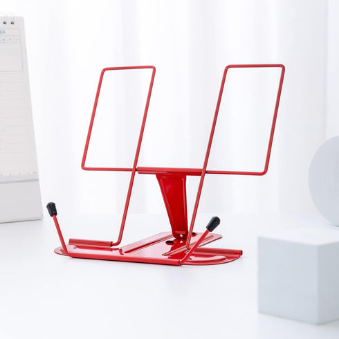 MSDADA Metal Book Stand for Desk, Adjustable Cookbook Holder, Portable Documents Holder with Page Clips (Red)