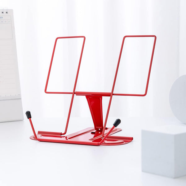 MSDADA Metal Book Stand for Desk, Adjustable Cookbook Holder, Portable Documents Holder with Page Clips (Red)