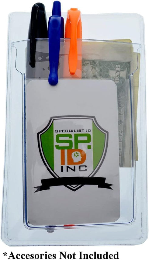 Heavy Duty Pocket Protector with Vertical ID Badge Holder by Specialist ID - Clear Plastic Organizer for Pens, Tools