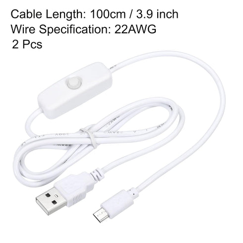 MECCANIXITY USB Cable with 501 ON/Off Switch, USB Male to Micro USB Male Power Cable 100cm for Digital Equipment LED Desk Lamp LED Strip White Pack of 2