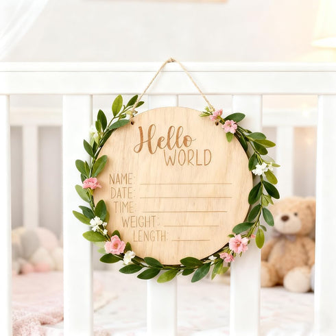 6PCS Hello World Wooden Birth Announcement Disc, Premium Birch Wood Round Plaque with Deep Etched Lettering, Newborn