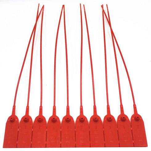Middle Duty Security Plastic Seal with Metal Insert - 11 Inch Length, Numbered, Red Color, Package of 100