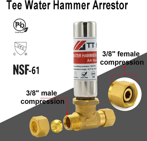Stainless Steel Water Hammer Arrestor, 3/8" Male Compression and 3/8" Female Compression for Dishwasher and Toilet