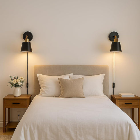 YJQHXY Set 2 3-Prong of Black & Gold Wall Sconces, Plug-in or Hardwired, Adjustable Metal Shade, Reading Lights