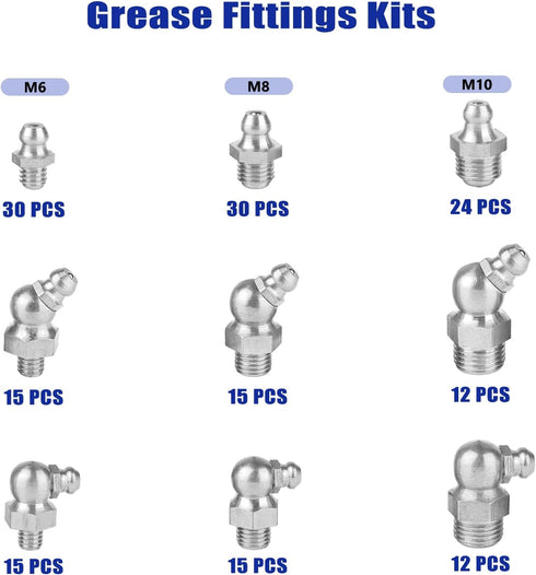 168 PCS Metric Hydraulic Grease Fittings Assortment, Grease Nipple Kit Standard With M6,M8,M10 Straight, 90 Degree, 45 Degree Angled by BUSY-CORNER