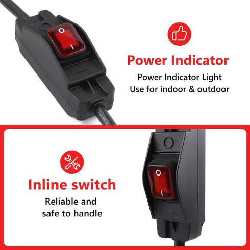 Newdeli Extension Cord with Switch On/Off, 2 Foot Black Short Outdoor Extension Cord, 14AWG