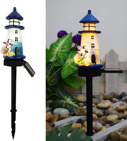 YZYOE Solar Blue and White Small Lighthouse Atmosphere Lights, Garden and Courtyard Decoration