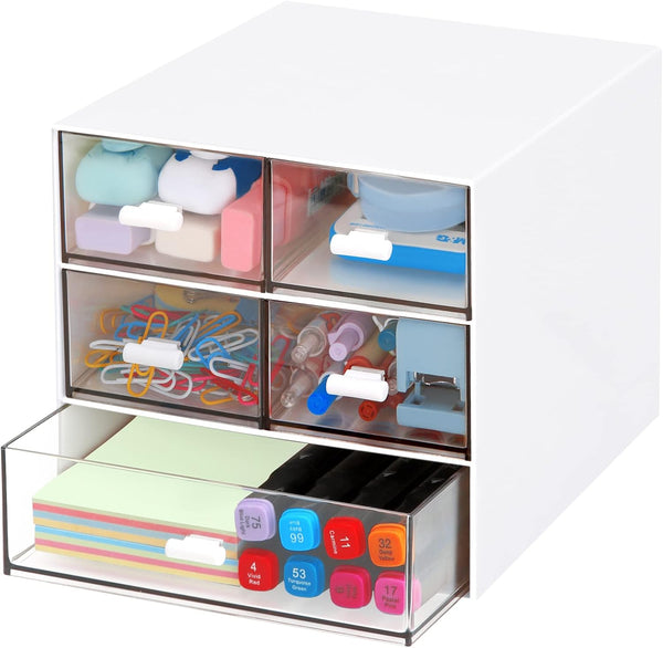 Desk Organizer with 5 Drawers, Rectangular Plastic Storage for Office, School, Home (White & 5 Drawers)
