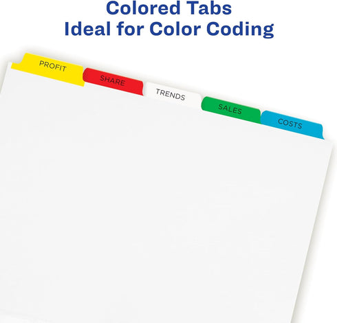 Avery 5 Tab Dividers for 3 Ring Binder, Customizable Multicolor Tabs, Easy Print & Apply, 5 Sets