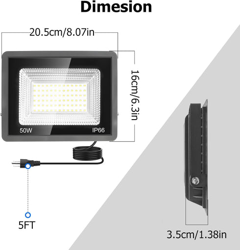 ycponggon 2 Pack 50W, 5500lm Light,6500k IP66 5FT LED Flood Lights Bright Led Work Daylight White LED Lights