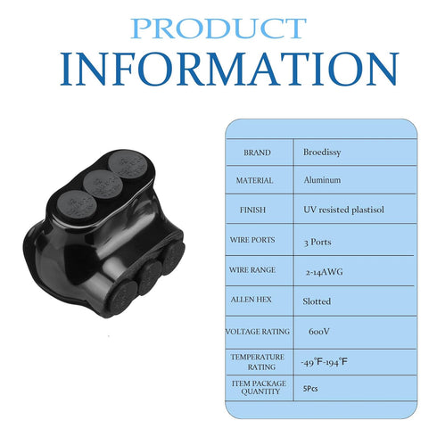 5 Pcs Insulated Connectors, Black Multi Splice Connector, 3 Ports Electrical Power Connector for 2-14 Wire Range