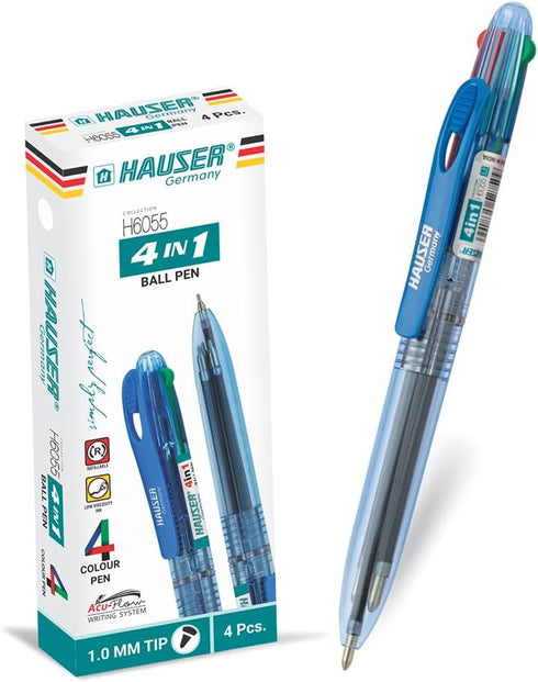 HAUSER 4 In 1 Colorful Pens, 4 Pc Ballpoint 1.0 mm Blue/Black/Red/Green, Note Taking, Back To School Supplies