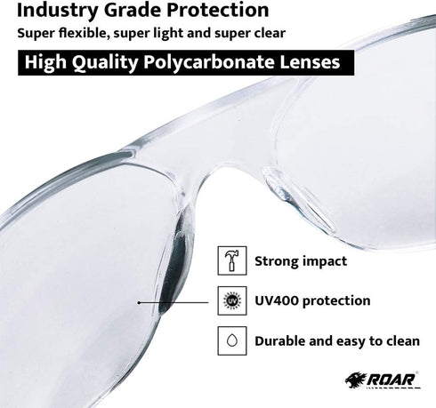ROAR Men's Flexible Safety Glasses, Clear, 12 Pairs Per Box, ANSI Z87+ Certified, Impact Resistant