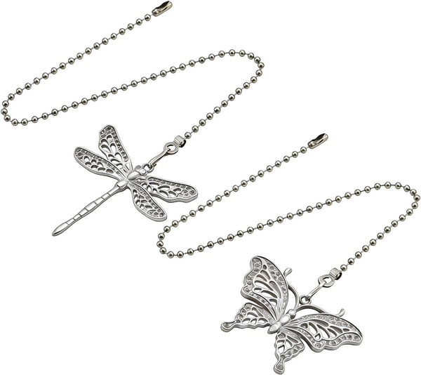NovaPuff 2 Pack Silver Dragonfly and Butterfly Ceiling Fan Pull Chain, Beaded Light