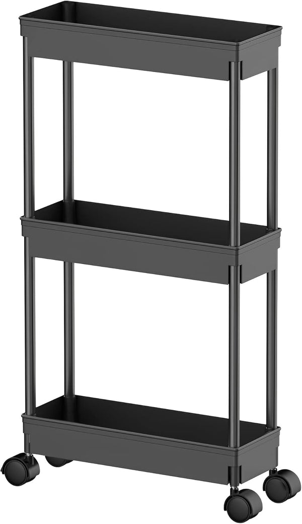 Sooyee 3 Tier Rolling Cart with Wheels, Slim Storage Organizer for Office, Bathroom, Kitchen, and Laundry Room, Black