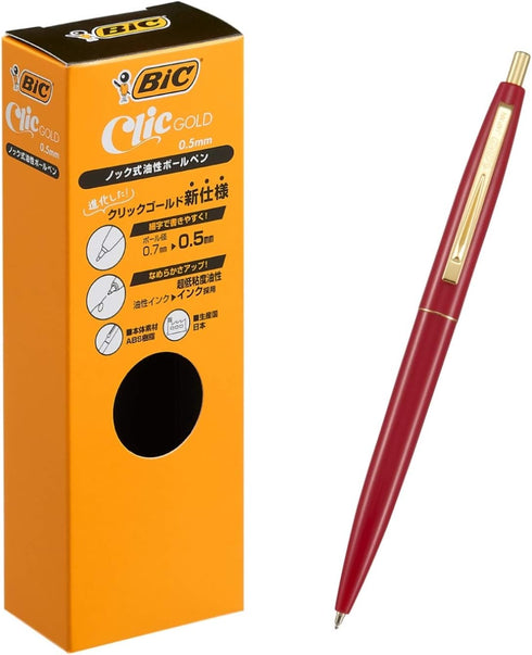 Bic Japan CFCGRED05BLKJ Ballpoint Pen, Click Gold, 0.5, Oil-based, Black, Red Axis, 12 Pens