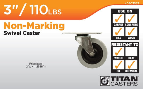 Titan 3" Thermoplastic Rubber (TPR) Swivel Caster, 110-lb. capacity, Gray