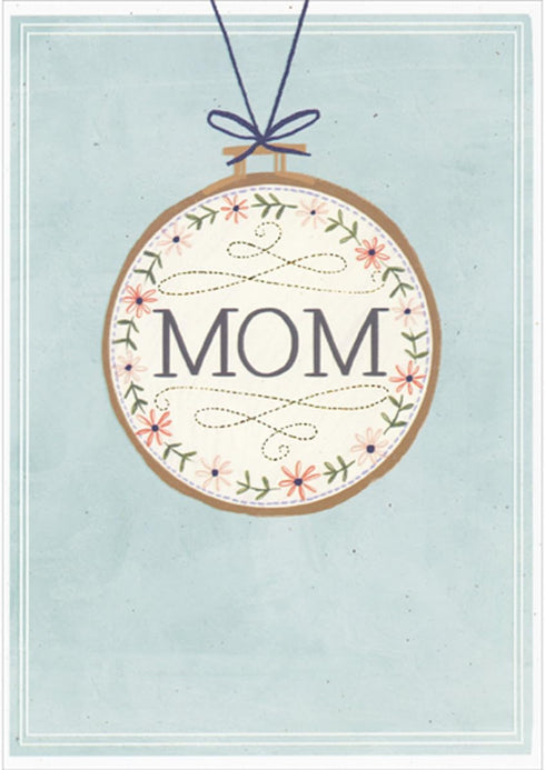 Designer Greetings Mom Pendant with Floral Border Hung from Blue String on