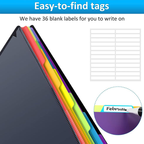 HABGP 12 Pocket Plastic Folders with Pockets - 6 Colors Multi Pocket Folder Binder with Dividers for Office Organizer