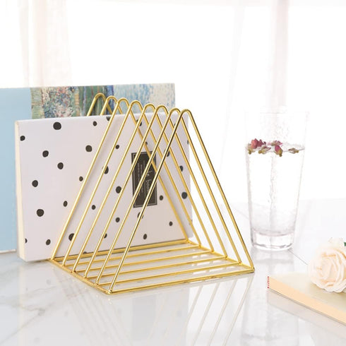Sooyee 9 Slot Gold Magazine Holder, Desktop File Sorter Organizer, Triangle Bookshelf Decor for Home Office