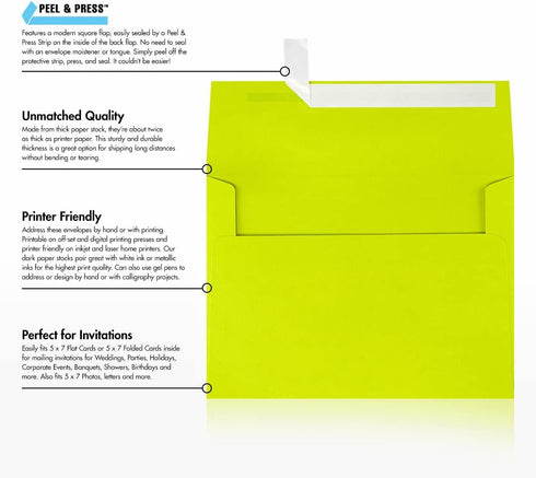 LUXPaper A7 Invitation Envelopes, Peel & Press, 5 1/4" x 7 1/4", Wasabi Green, 80lb Text, 50 Qty