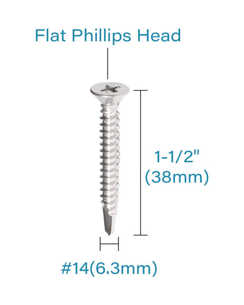 25pcs #14 x 1-1/2" Stainless Flat Head Phillips Self Drilling Screws, 410 Stainless Steel