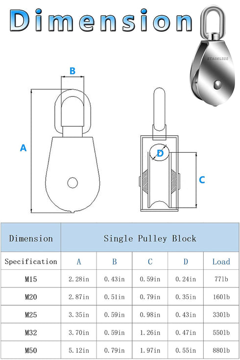 Cable Pulley, Can Swivel Rope Pulley 304 Stainless Steel Pulley Block Small Heavy Duty Pulley M15 M20 M25 M50 Pulley Wheel for Pulley System, Gym Equipment, Hanging, Lifting, etc