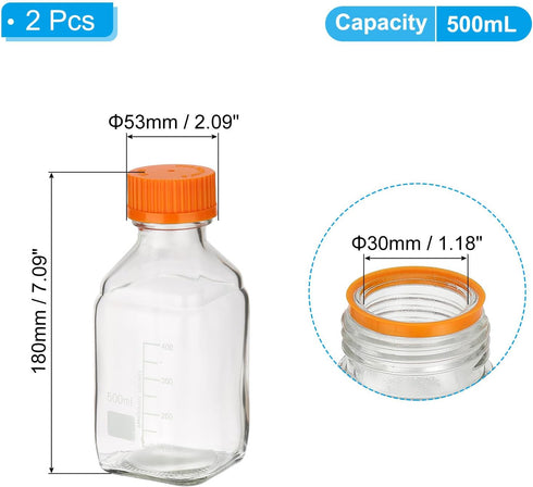 PATIKIL 2 Pack Reagent Media Storage Bottles, 500ml Borosilicate Glass Square Graduated Round Bottles with Orange GL32 Screw Cap for Lab Water Reagent Liquids, Clear by PATIKIL