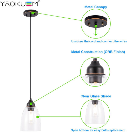 E26 Bulbs 2-Pack Pendant Lighting Fixture, Hanging Ceiling Lights with Medium Base, Metal Construction with Clear Glass