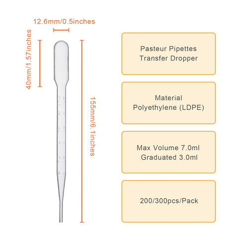 Disposable Transfer Pipettes Dropper 3ml Plastic Pasteur Pipette Calibrated Lab Pipettes, Low Density Polyethylene (LDPE), Pack of 200