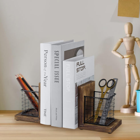 MyGift Rustic Burnt Wood Decorative Bookends with Matte Black Metal Wire Basket for Office Supplies, 1-Pair