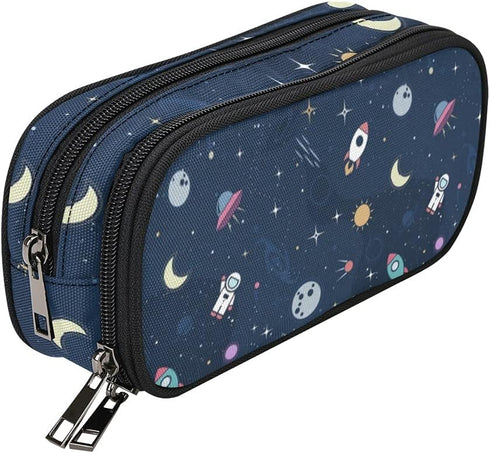 Blue Pencil Case for Boys and Girls, Large Capacity Cute Rocket Origin's Space, 2 Zippers Pouch for School Supplies