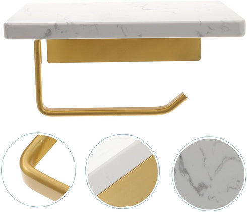 Marble Toilet Paper Holder Wall Mount with Shelf for Bathroom, Natural Stone Roll Holder with Phone Storage, Washroom
