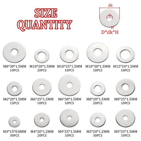 XINGYHENG 225pcs 7 Kinds 304 Stainless Steel Flat Washers Assortment Kit for Home Decoration & Repair