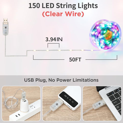 50ft 150 200+ Preset String Lights, LED Lights Color Changing String Waterproof, Scene Modes, Smart App & Remote