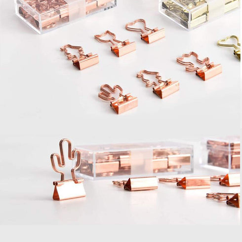 Cactus Binder Clips, Cute Rose Gold Medium Clips in Acrylic Crystal Box for Office, School, Home Supplies