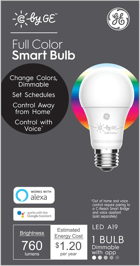 Bulb, (1 Pack), Packaging GE CYNC Smart LED Light Full Color, Bluetooth Enabled, Alexa and Google Home