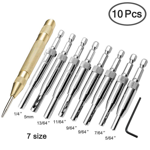 AFUNTA 8 pcs Center Drill Bit Sets with Automatic Center Punch, Self Centering Hinge Tapper Core Hole Puncher Woodworking Tools for Cabinet Door 5/64'' 7/64'' 9/64'' 11/64'' 13/64'' 5mm 1/4''