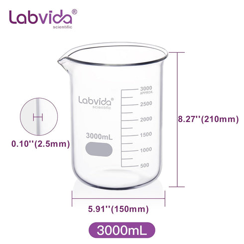 Glass Beaker, 3000ml Volume, 3.3 Borosilicate Griffin Low Form with Printed Graduation